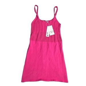 Zara Dress Womens Medium Pink Knit Crochet Panel Straps Tank Stretch Spring New